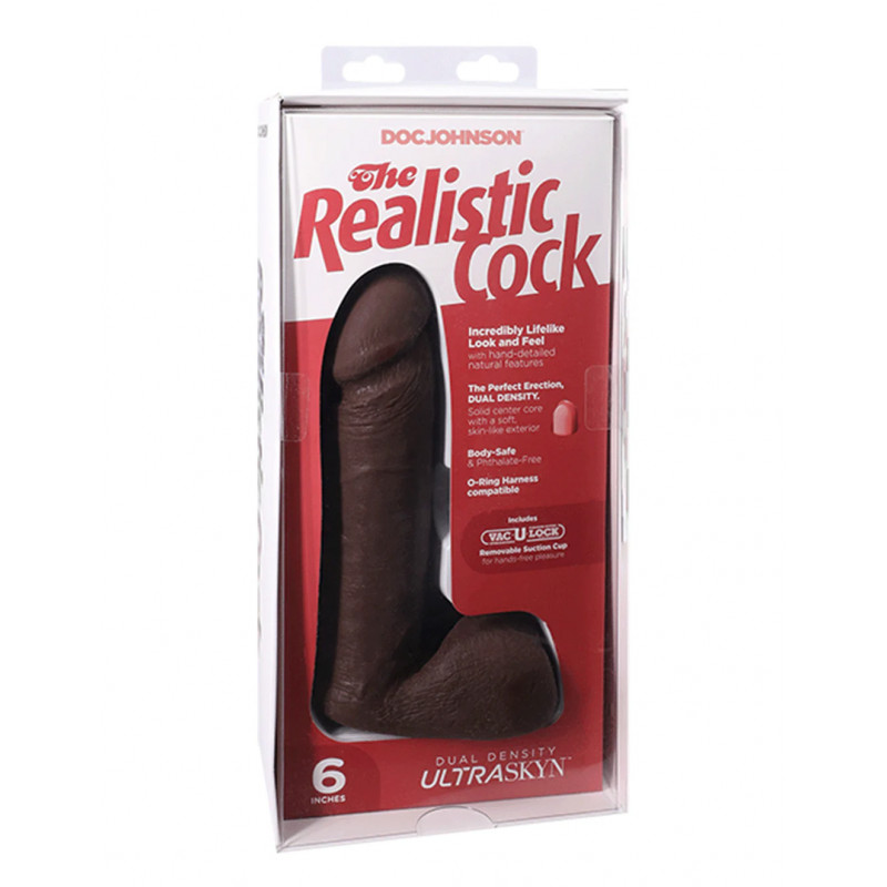 Упаковка фалоімітатора Doc Johnson The Realistic Cock 6 inch Black. Зображення бренду та основних характеристик.