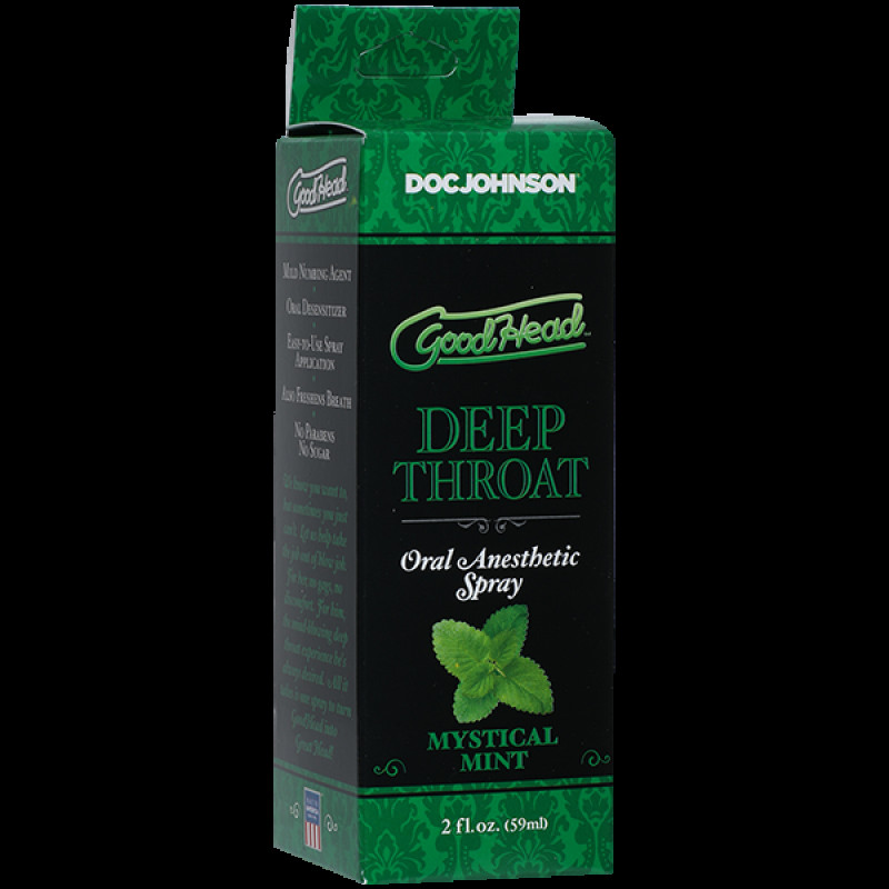 Упаковка Doc Johnson GoodHead DeepThroat Spray Mystical Mint 59 мл - коробка с изображением флакона и деталей продукта