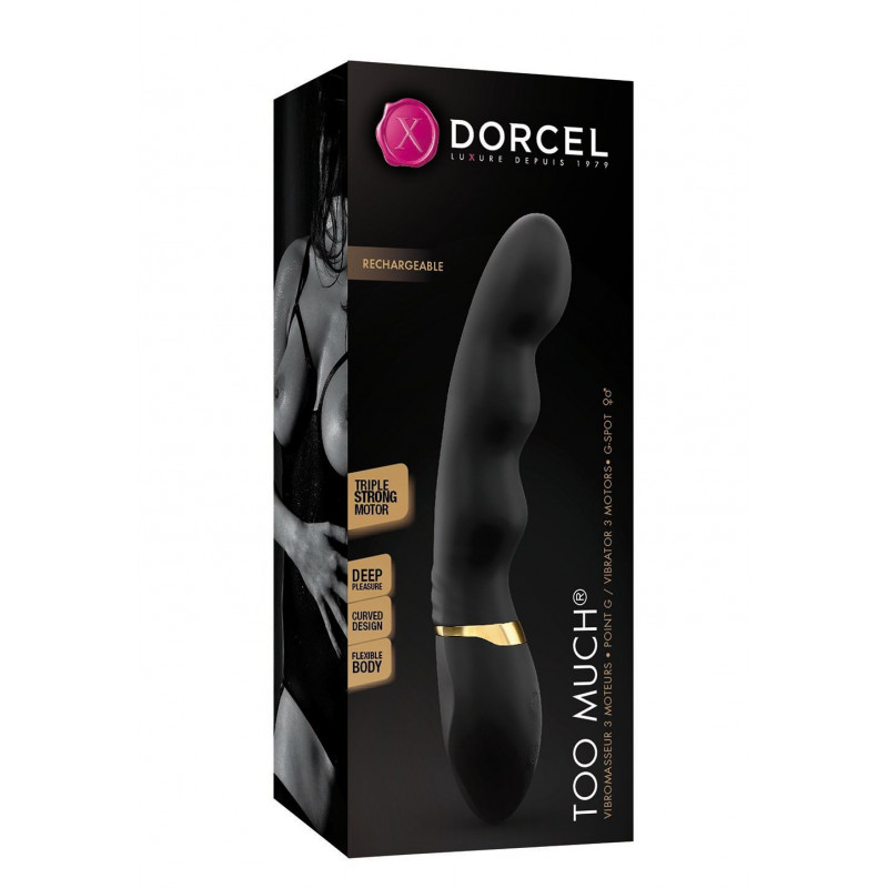 Упаковка ультрастимулювального вібратора Dorcel Too Much Rechargeable Black, що підкреслює його преміальний вигляд та деталі бренду Dorcel.