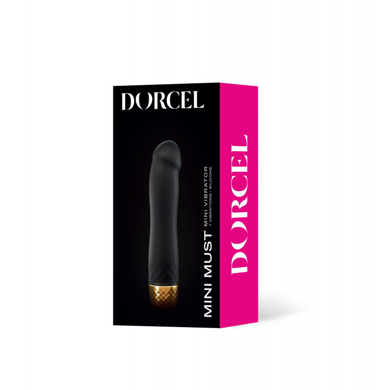 Вібратор Dorcel Mini Must Gold у розпакованому вигляді, видно його елегантний золотистий корпус та боковий вигляд