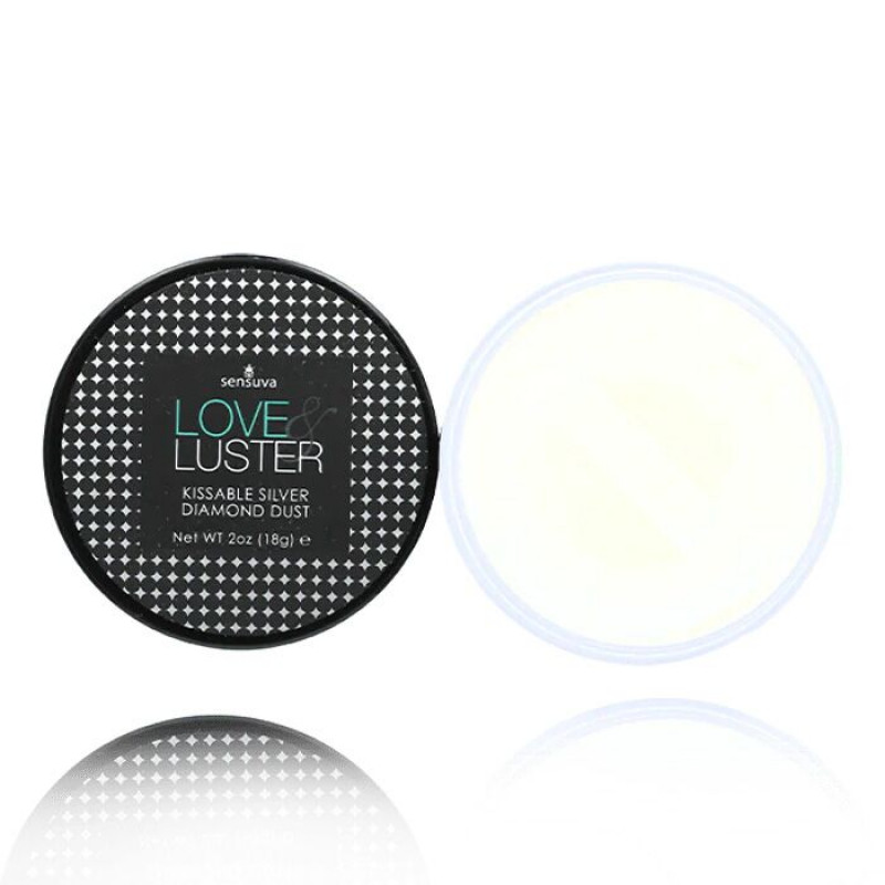 Упаковка їстівної пудри для тіла Sensuva Love & Luster Kissable Diamond Dust, вид збоку, показує дизайн та об'єм
