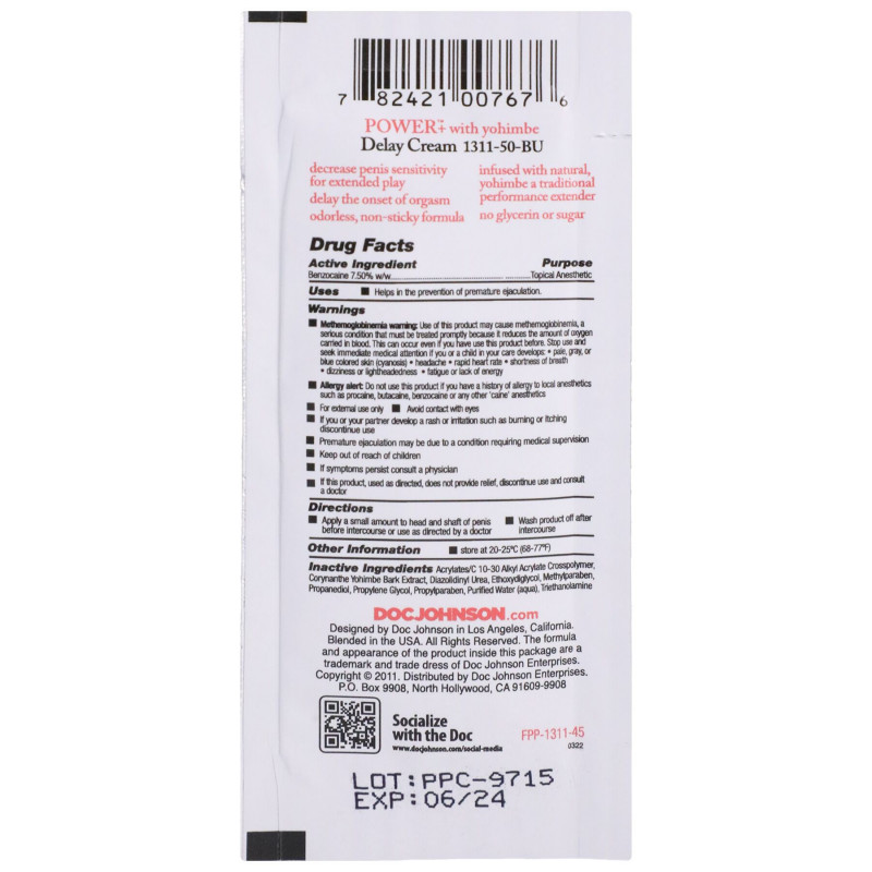 Упаковка пролонгатора Doc Johnson Power+Delay Cream For Men (7 мл) – коробка крему для чоловіків, зручний тюбик, детальний вигляд