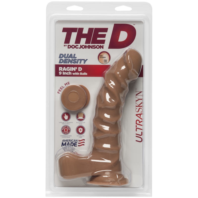 Упаковка фалоімітатора Doc Johnson The D - Ragin D - 9 Inch With Balls - ULTRASKYN - Caramel, вигляд збоку