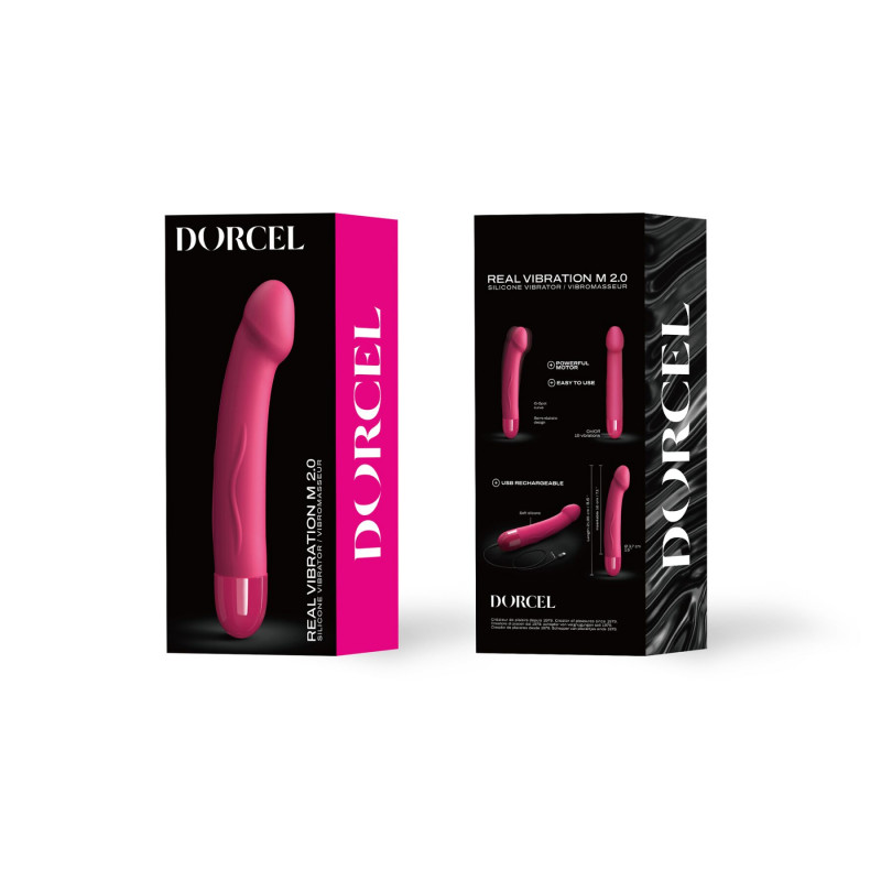 Вібратор Dorcel Real Vibration M Magenta 2.0 - крупний план головки, що вказує на рельєф для стимуляції точки G, яскравий насичений рожевий колір