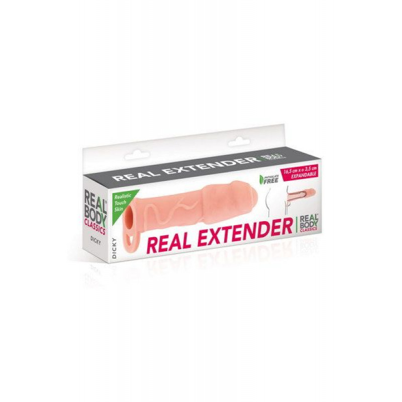 Упаковка насадки на член Real Body Real Extender DICKY, демонструє комплектацію та бренд