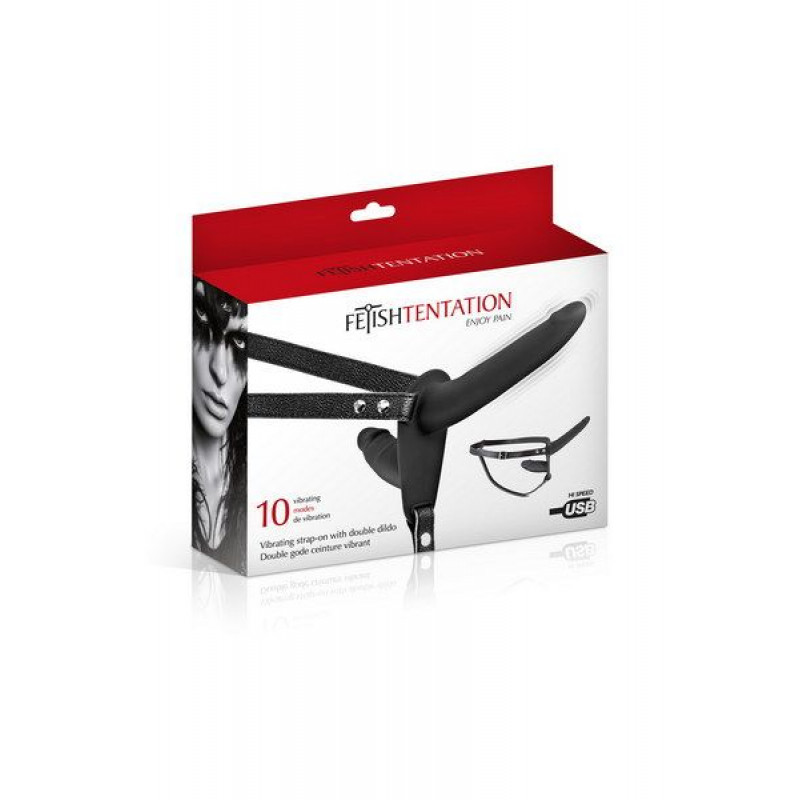 Чорний подвійний страпон Fetish Tentation в упаковці, демонстрація комплектації