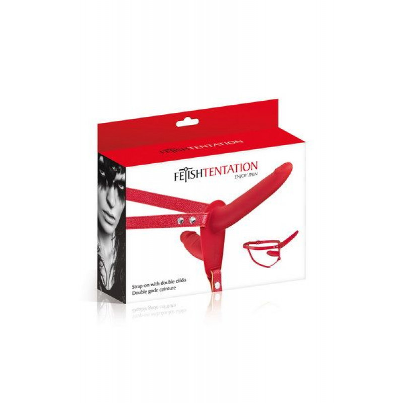 Червоний подвійний страпон Fetish Tentation Strap-On з двома ділдо, вид збоку, демонстрація розміщення