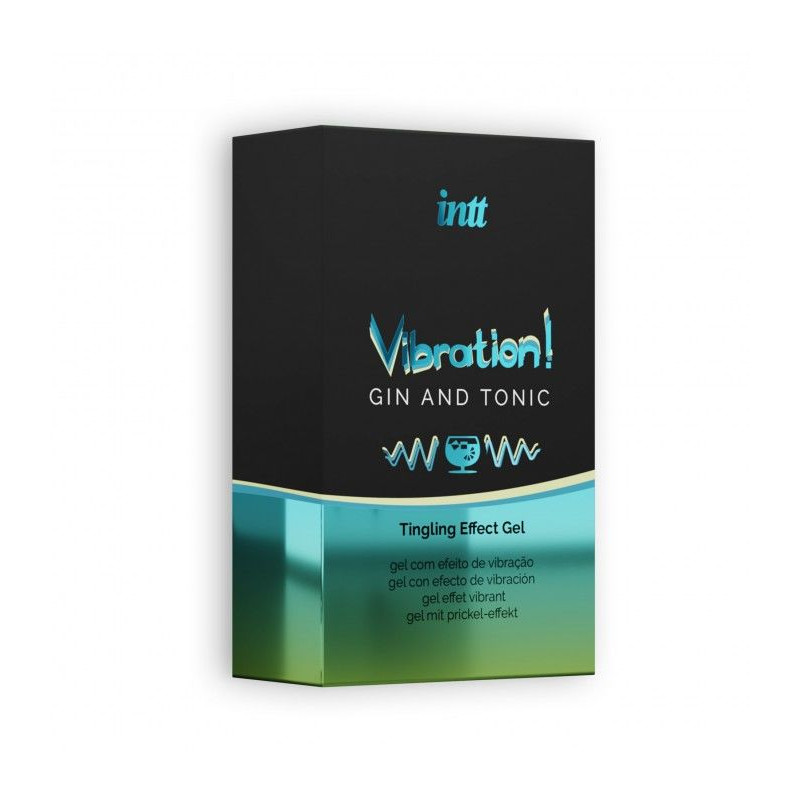 Вигляд збоку рідкого вібратора Intt Vibration Gin Tonic (15 мл) - текстура рідини та розмір флакона