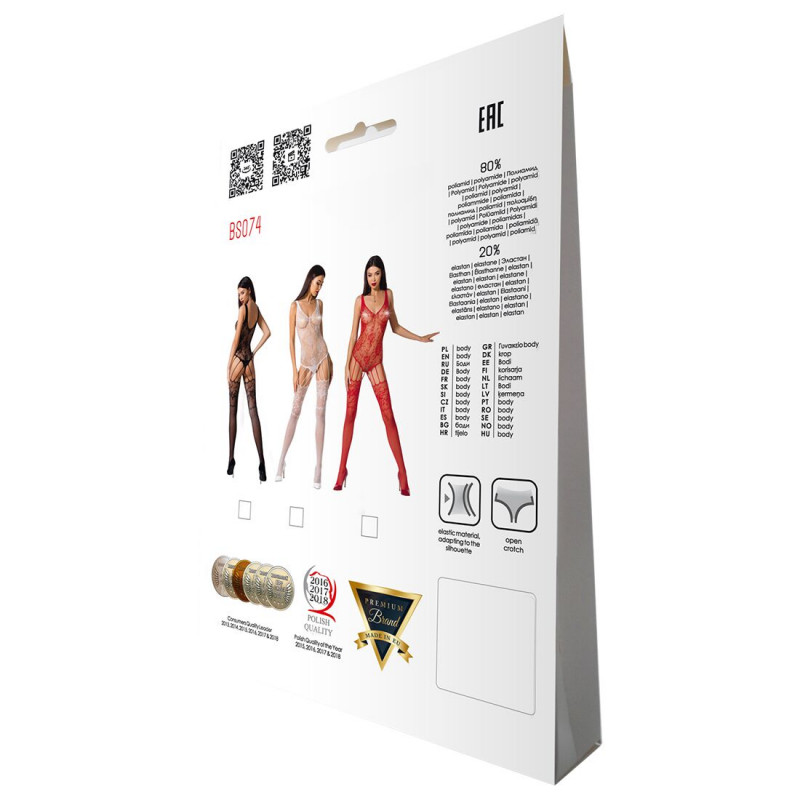 Фронтальний вигляд білого бодістокінгу Passion BS074 з акцентом на імітацію панчіх