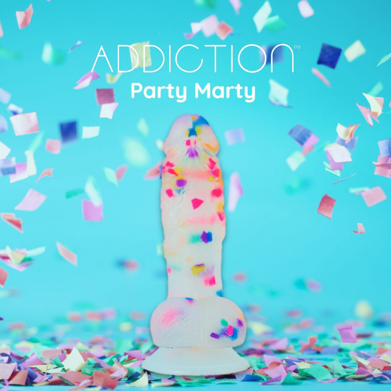 Упаковка фалоімітатора ADDICTION PARTY MARTY 7.5″ FROST & CONFETTI, 19 см, силікон