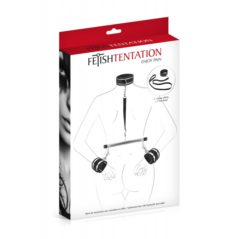Упаковка фіксатора для рук та шиї Fetish Tentation Submission bar з наручниками та нашийником