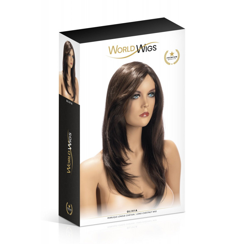 Вигляд збоку перуки World Wigs OLIVIA LONG CHESTNUT: демонструє природний вигин та об'єм пасм, підкреслюючи елегантність зачіски.