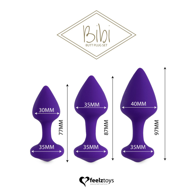 Набір силіконових анальних пробок FeelzToys Bibi Butt Plug Set 3 шт. Purple, вид збоку, демонструє вигнуту форму