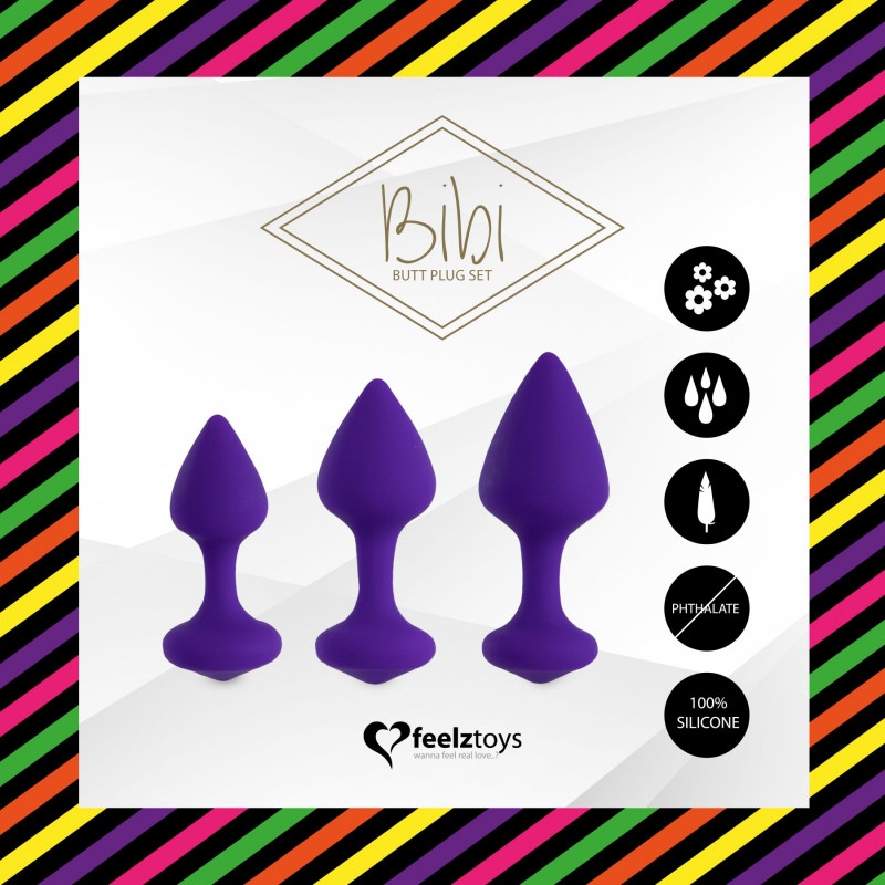 Упаковка набору силіконових анальних пробок FeelzToys Bibi Butt Plug Set 3 шт. Purple, стильний дизайн