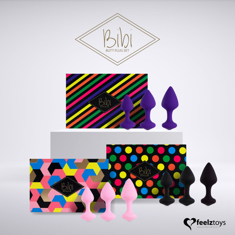 Набір силіконових анальних пробок FeelzToys Bibi Butt Plug Set 3 шт. Purple, демонстрація трьох різних розмірів