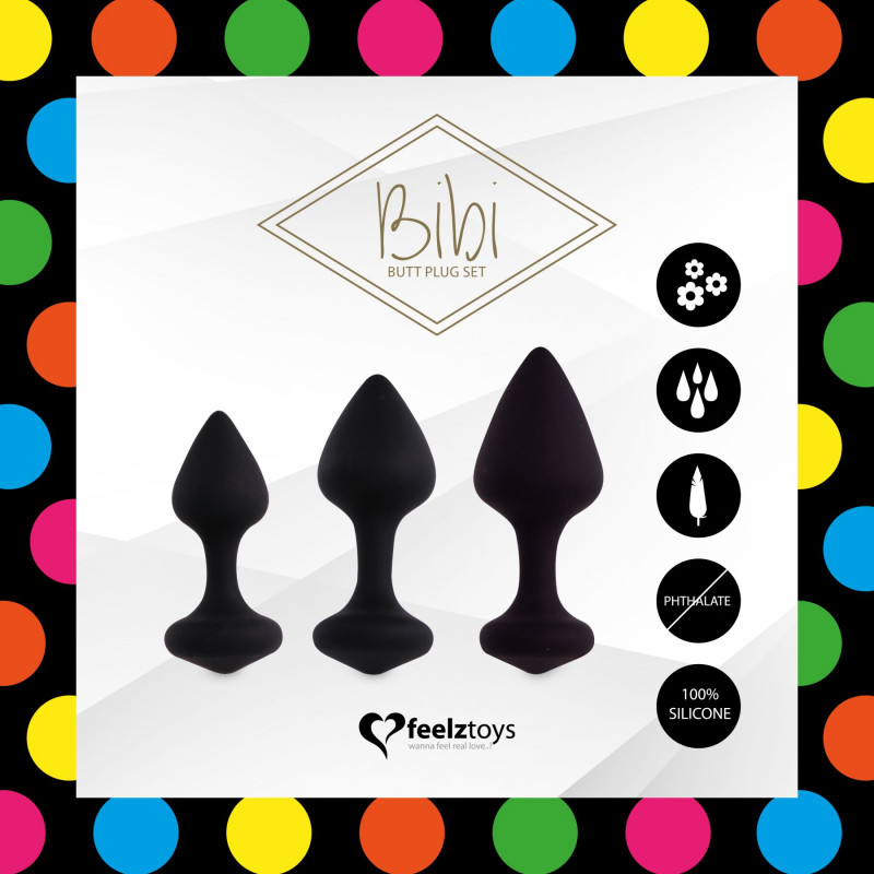 Силіконовий набір анальних пробок FeelzToys Bibi Butt Plug Set 3 шт. Чорний, детальний вигляд збоку, демонстрація форм