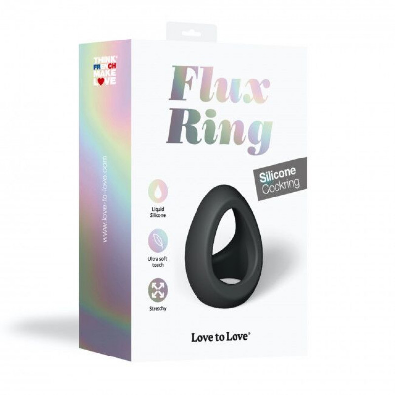 Подвійне ерекційне кільце Love To Love FLUX RING BLACK ONYX в комплекті з інструкцією та чохлом для зберігання.