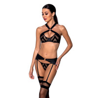 Сітчастий комплект Passion HIMA SET XXL/XXXL black: бюстгальтер, трусики, пояс для панчіх