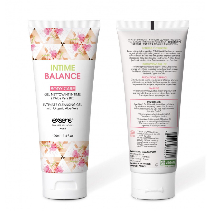 Гель для інтимної гігієни EXSENS Intime Balance, 100 мл, з органічним алое – вид збоку, пляшка.