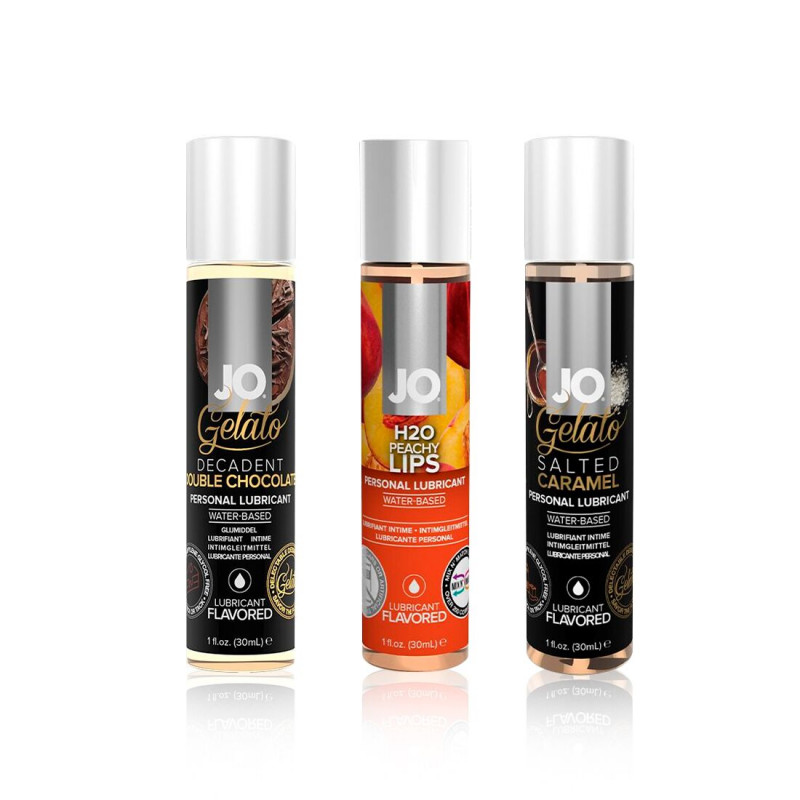 Детальний вигляд компонентів набору: персиковий десерт, змазки System JO, віброкуля SugarBoo