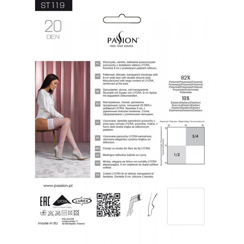 Текстура ажурного візерунка та блиск люрексу на білих панчохах Passion ST119