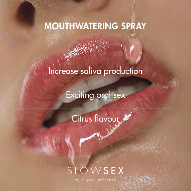 Текстура спрея Bijoux Indiscrets Slow Sex Mouthwatering spray - капли на поверхности