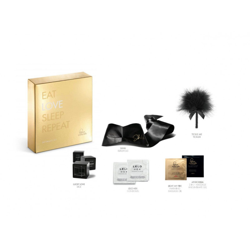Подарунковий набір Bijoux Indiscrets INTIMACY LOVE (gold) збоку: демонстрація багатого вмісту та преміальної упаковки.