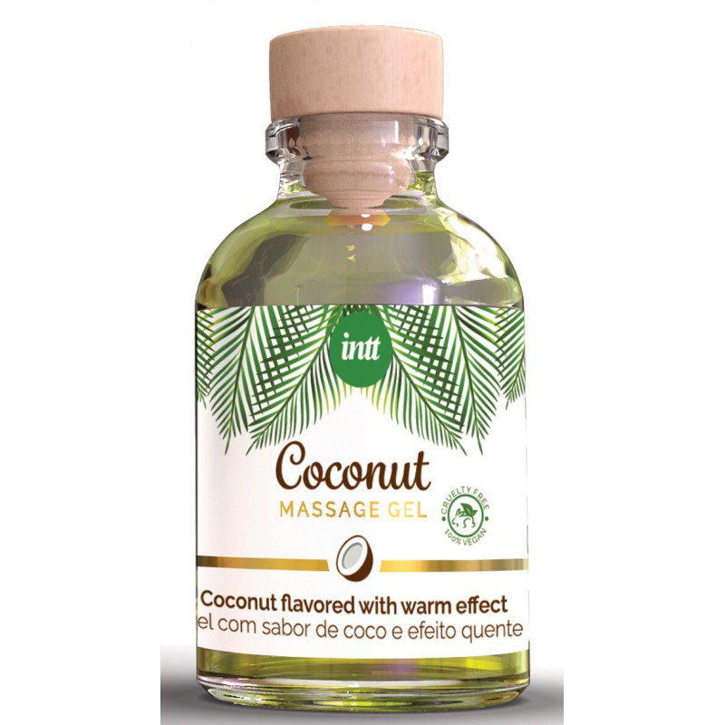 Вид збоку масажного гелю Intt Coconut Vegan, що демонструє упаковку та текстуру