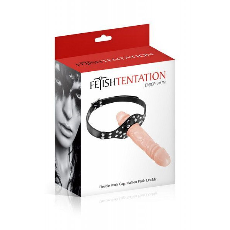 Кляп з подвійним фалоімітатором Fetish Tentation Double Penis Gag Flesh - вид збоку, демонструє довжину ікри