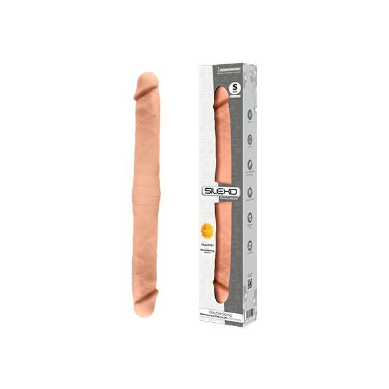Фалоімітатор SILEXD Billy-Joe Double Dong S Flesh в упаковці, вид збоку, демонстрація розміру S
