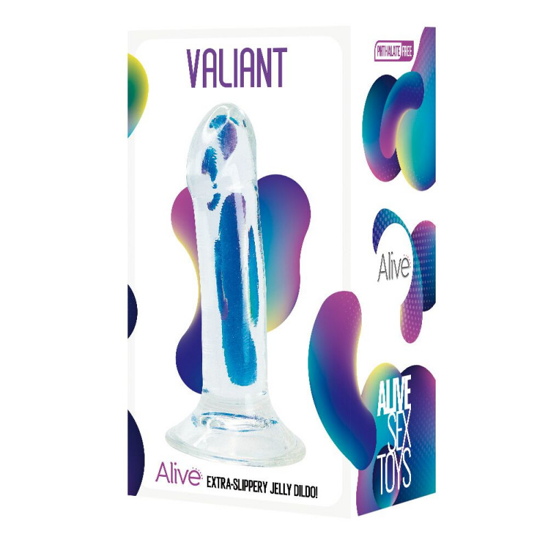 Вигляд збоку прозорого фалоімітатора Alive Valiant Jelly Dildo, що демонструє його вигнуту форму та текстуру поверхні