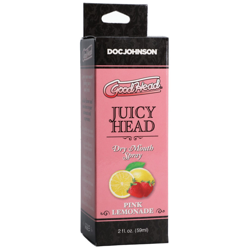 Вигляд збоку на пляшечку зволожувального орального спрею Doc Johnson GoodHead Juicy Head Pink Lemonade, демонструючи текстуру рідини та зручний дозатор
