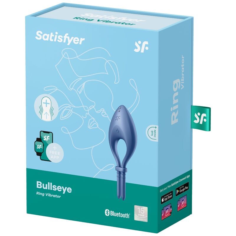 Упаковка ерекційного смарт-віброкільця Satisfyer Bullseye Blue, яка ілюструє його комплектацію та якість