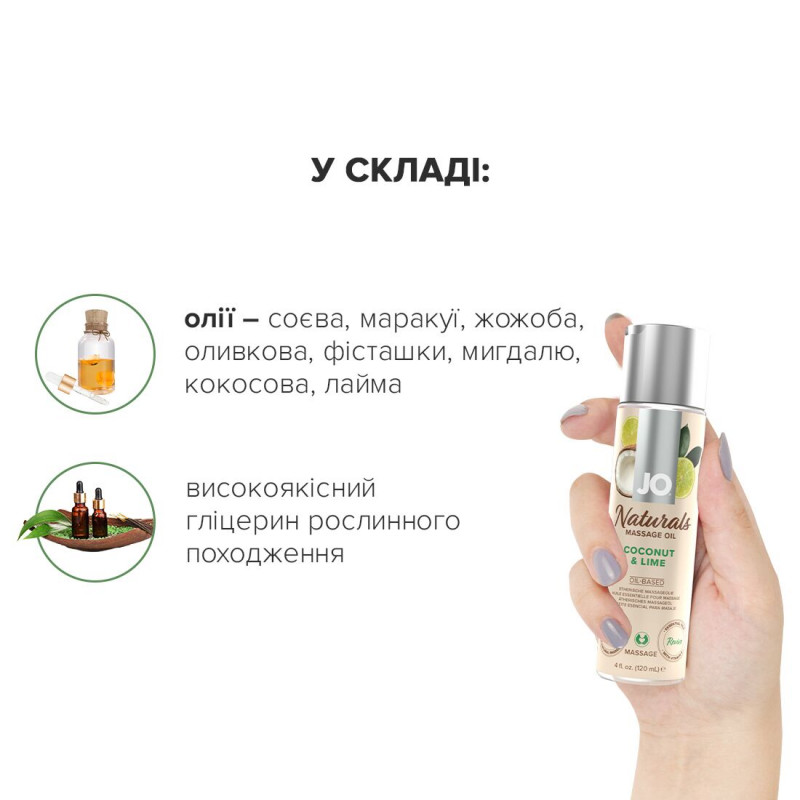 Крупний план текстури масажної олії JO Naturals Coconut & Lime 120мл, для демонстрації складу