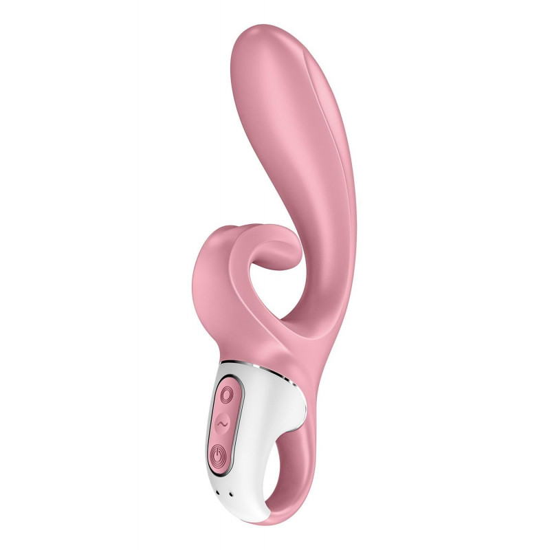 Satisfyer Hug Me Pink збоку: гнучкий силікон, форма кролика, два потужні мотори