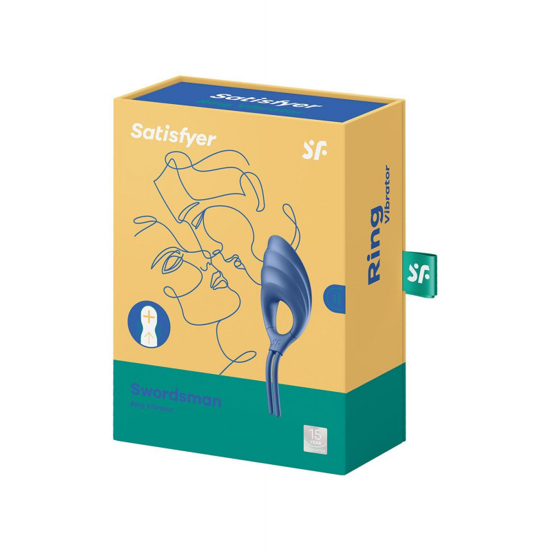 Ерекційне віброкільце Satisfyer Swordsman Blue в синьому кольорі, крупним планом, з акцентом на кнопку управління