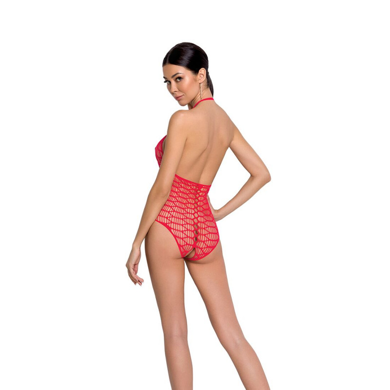 Вигляд збоку червоного бодістокінгу Passion BS087 з великою сіткою