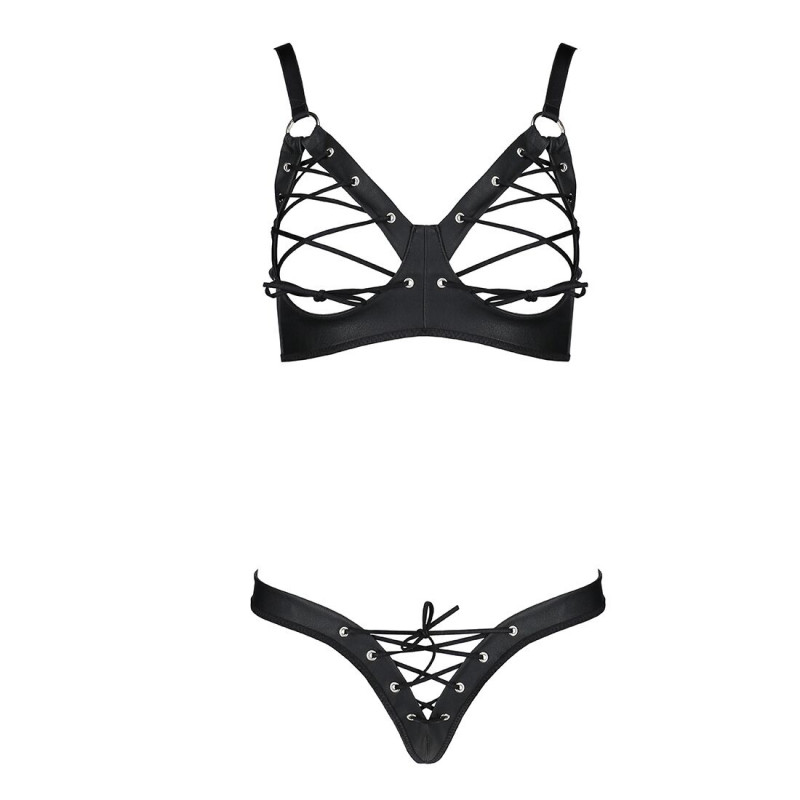 Текстура екошкіри комплекту Passion CELINE BIKINI 2XL/3XL black: фактура матеріалу бра та стрінгів