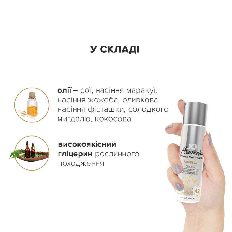 Масажна олія JO Aromatix Vanilla 120 мл - текстура, шовковиста олія на пальцях