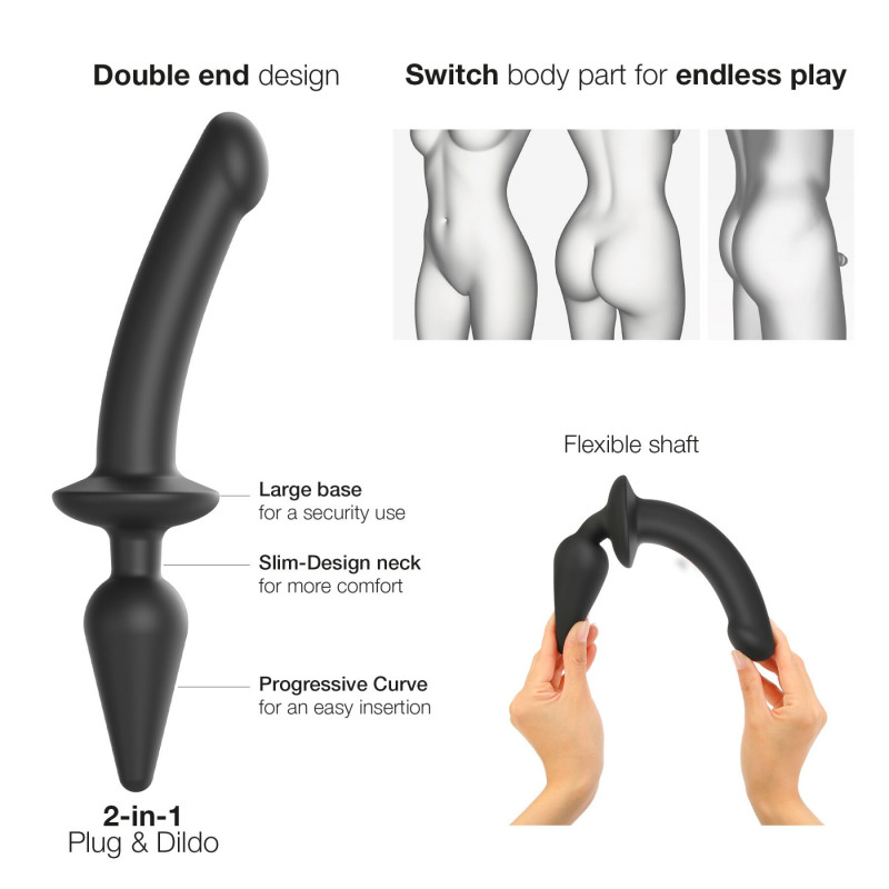 Анальна пробка з дилдо Strap-On-Me SWITCH PLUG-IN DILDO Black XXL, вид збоку, демонструє вигнуту форму дилдо