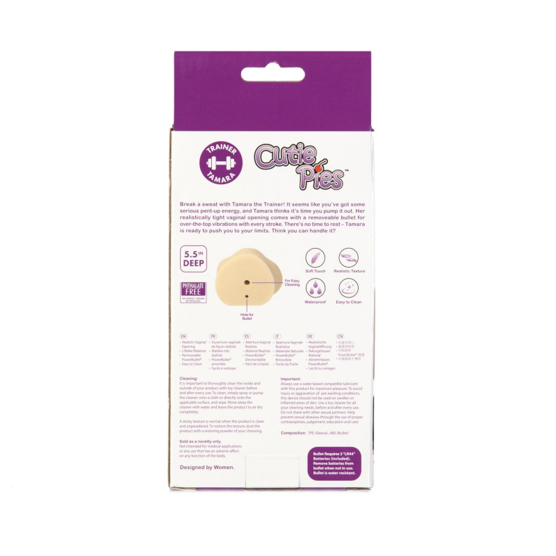 Бренд CutiePies на мастурбаторі-вагіні Trainer Tamara, логотип та деталізація.