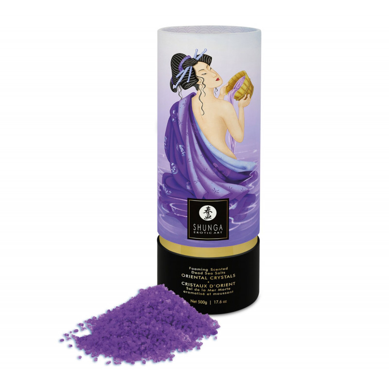 Упаковка пінливої солі для ванни Shunga Dead Sea salt Oriental Crystals — Exotic Fruits, вид спереду