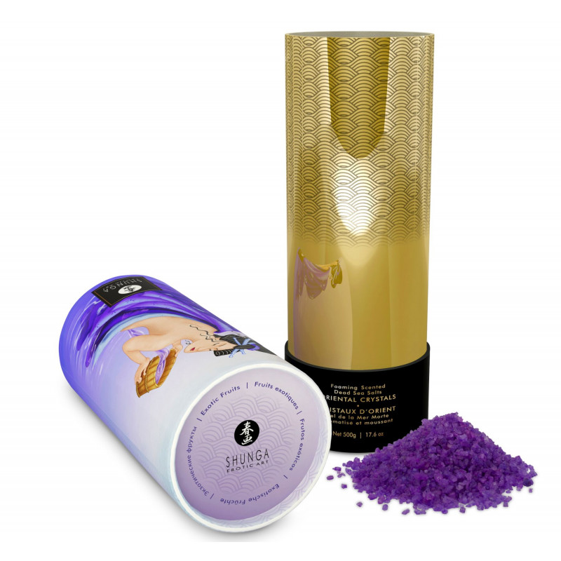 Макрознімок кристалів пінливої солі для ванни Shunga Dead Sea salt Oriental Crystals — Exotic Fruits