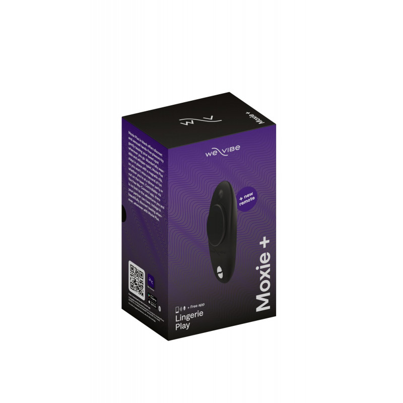 Упаковка смарт-вібратора We-Vibe Moxie+ Satin Black, яка підкреслює преміальність продукту