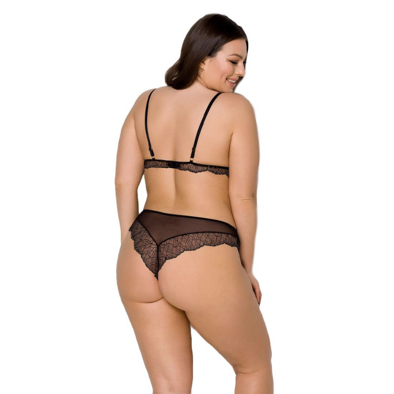 Комплект білизни Passion AMBERLY SET 4XL/5XL чорний, вид збоку: як виглядає бразиліана та пояс
