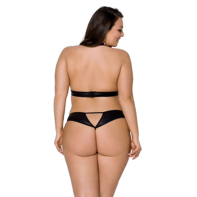 Комплект Passion MALWIA SET with Open Bra 4XL/5XL чорний: деталі екошкіри та люверсів на трусиках