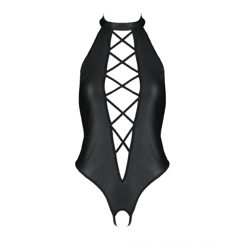 Боді Passion NANCY BODY 6XL/7XL чорне з екошкіри, деталі фурнітури та імітації шнурівки