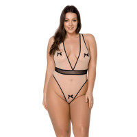 Боди Passion VIENA BODY 6XL/7XL, бежевое, с контрастной отделкой, бантиками, вставкой-сеткой и открытыми ягодицами