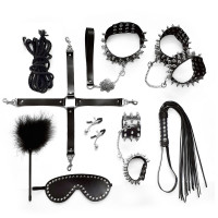 BDSM-набір Art of Sex Spikes BDSM Set Leather, 10 предметів, чорний, натуральна шкіра