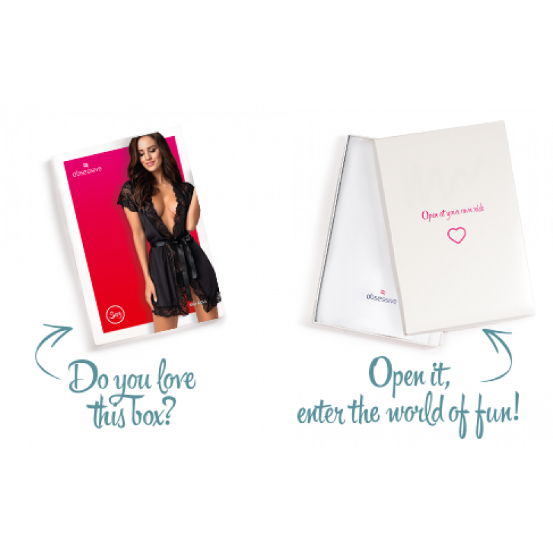 Загальний вигляд чорного сатинового відкритого пеньюару Obsessive 810-PEI–1 peignoir black 2XL/3XL